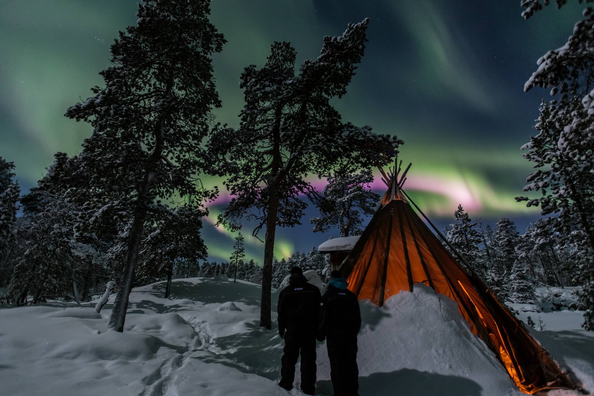 Noorderlicht boven een besneeuwd bos en een luxe lodge in Lapland
